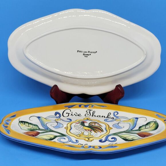 2 Fitz and Floyd Ricamo 11"  "Give Thanks With a Happy Heart" Tray Rooster - Picture 5 of 8